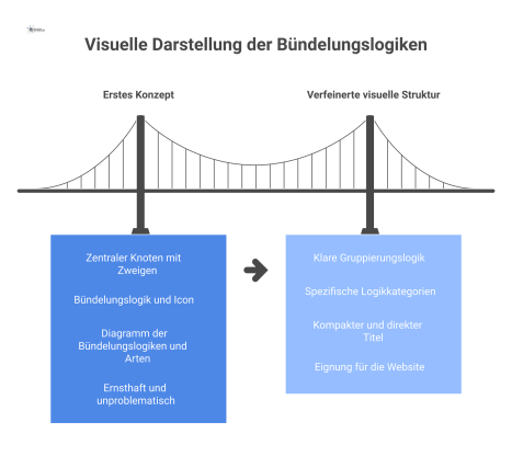 Ein Diagramm mit dem zentralen Knoten 'Bundle-Arten' und fünf Zweigen: Prozess, Rolle, Thema, Reifegrad und Problemlösung.