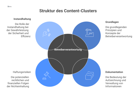 Diagramm eines thematischen Content-Clusters mit einem Hauptthema im Zentrum, umgeben von Unterthemen und Pfeilen, die Querverbindungen darstellen.