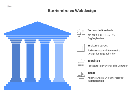 Infografik über barrierefreies Webdesign, die vier Hauptbereiche als Säulen mit Icons visualisiert: Technische Standards, Struktur, Interaktion und Inhalte. 