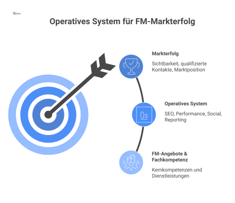 Diagramm, das zeigt, wie FM-Angebote durch ein operatives System in Markterfolge wie Sichtbarkeit und qualifizierte Kontakte umgewandelt werden.