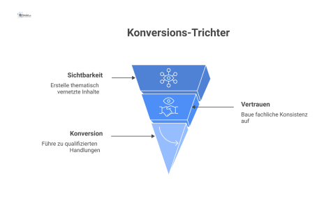 Diagramm eines dreistufigen Prozesses von Sichtbarkeit über Vertrauen bis zur Konversion, dargestellt als klarer Pfad zu qualifizierten Handlungen.
