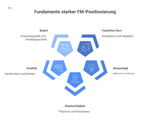 Diagramm, das die fünf Säulen einer starken Facility-Management-Positionierung zeigt: Fachlicher Kern, Nutzenlogik, Glaubwürdigkeit, Tonalität und Bedarf als Bausteine.