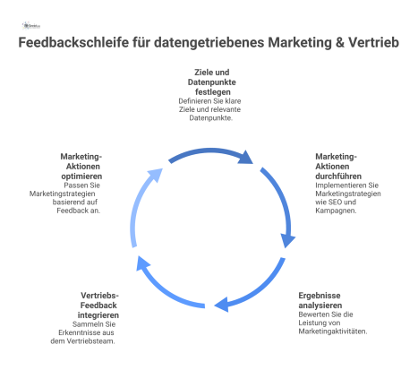 Flussdiagramm einer Feedbackschleife, die zeigt, wie eine Informationsbasis Marketing-Aktionen speist und deren Ergebnisse durch Vertriebs-Feedback optimiert werden.