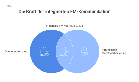 Infografik einer Kommunikationskette im Facility Management, die den Weg von breiter Reichweite zu fachlicher Tiefe für verschiedene Zielgruppen zeigt.