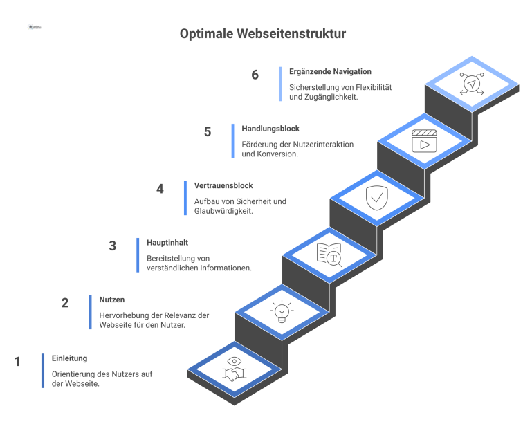 Flussdiagramm zur optimalen Webseitenstruktur Ein vertikales Flussdiagramm, das den Nutzerpfad für eine optimale Webseitenstruktur durch sechs logische Abschnitte von Einleitung bis Navigation visualisiert.