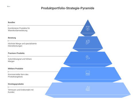 Vierstufiges Pyramidendiagramm, das eine Produktportfolio-Strategie mit Einstiegs-, mittleren, Premium-Produkten und Beratung an der Spitze visualisiert.