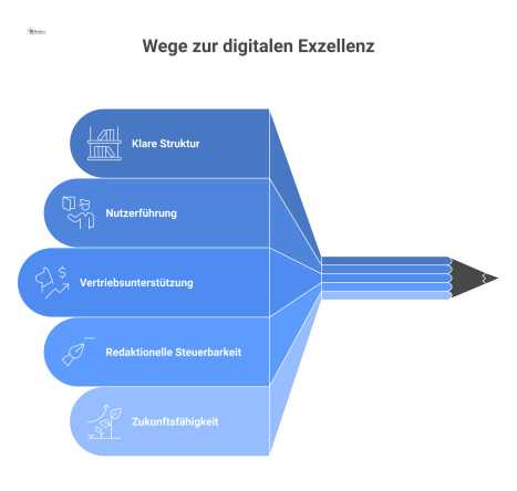 Ein Infografik-Diagramm mit dem zentralen Knotenpunkt 'Professionelle Konzeption', der zu Vorteilen wie klarer Struktur und besserer Nutzerführung führt.