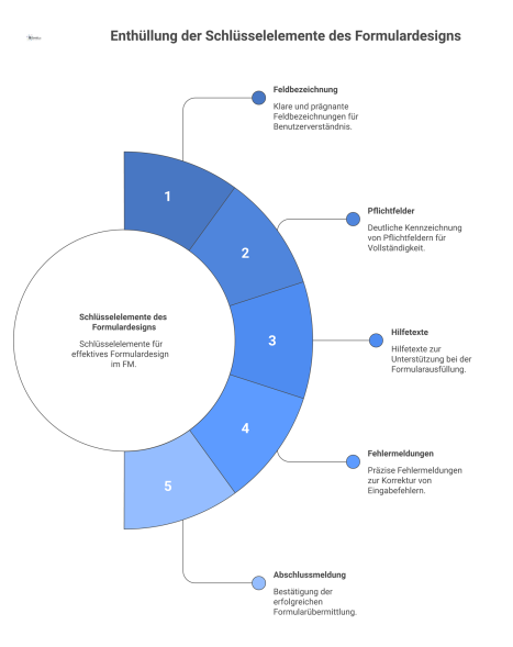 Infografik zu gutem Formulardesign im Facility Management, die Schlüsselelemente wie Feldbezeichnung und Pflichtfelder mit ihren UX-Anforderungen und Zielen visualisiert.