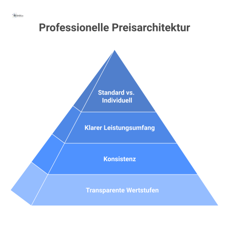 Infografik einer Preisarchitektur als stabiles, transparentes Gebäude, das auf vier Säulen mit den Beschriftungen Wertstufen, Konsistenz, Leistungsumfang und Standard vs. Individuell steht.
