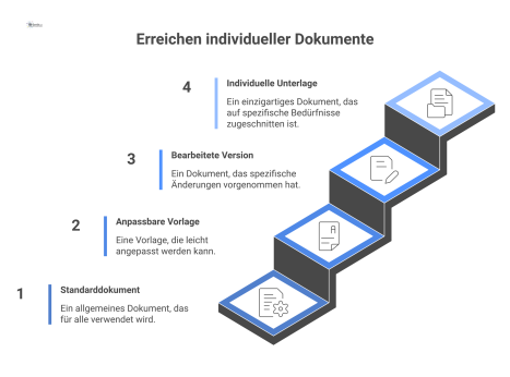 Infografik einer Brücke, die vier Stufen der Dokumenten-Individualisierung darstellt und einen Standard-Dokumentenshop mit individueller Fachberatung verbindet.