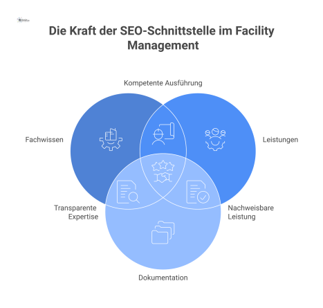 Diagramm, das SEO im Facility Management als zentrale Schnittstelle zeigt, die Fachwissen, Leistungen und Dokumentation für Zielgruppen verbindet.