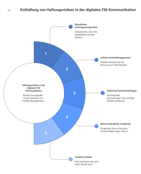 Infografik zu Haftungsrisiken in der digitalen FM-Kommunikation, die fünf Risikobereiche mit passenden Warn-Icons vom zentralen Thema ausgehend zeigt.