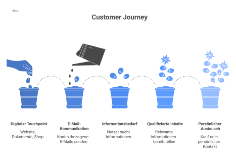 Infografik einer Customer Journey, die den Weg von digitalen Touchpoints über E-Mail-Kommunikation bis zum Kauf nachzeichnet.