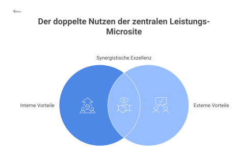 Infografik einer zentralen Leistungs-Microsite als Drehscheibe, die Inputs von Abteilungen bündelt und internen sowie externen Nutzen visualisiert.