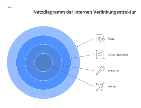 Netzdiagramm der internen Verlinkung für Facility Management, das einen zentralen Hub zeigt, der Hauptseiten mit spezifischen Unterseiten verbindet.