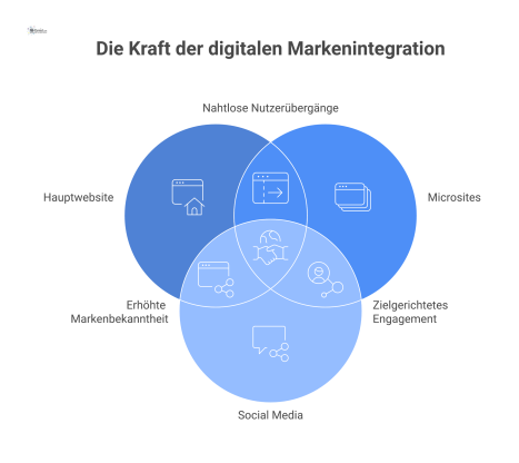 Ein digitales Ökosystem mit zentraler Website, vernetzt mit Microsites, Social Media und Newslettern durch Pfeile zur Nutzerführung. 