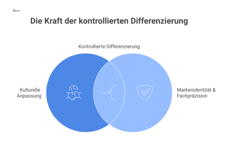 Venn-Diagramm zeigt die Balance zwischen kultureller Anpassung und Markenidentität, deren Schnittmenge die kontrollierte Differenzierung für Web-Kommunikation darstellt.
