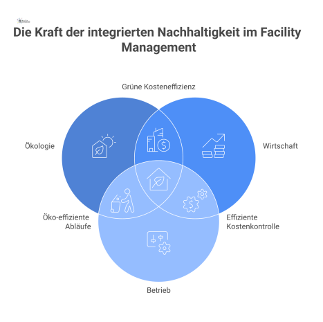 Diagramm, das die vier Säulen des nachhaltigen Facility Managements zeigt: Ökologie, Wirtschaft, Betrieb und Soziales mit ihren Anwendungsfeldern.