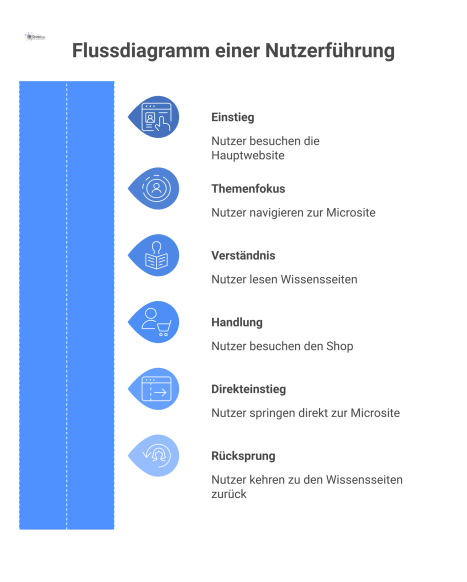 Flussdiagramm einer Nutzerführung mit vier Stufen, vom Einstieg auf der Hauptwebsite bis zum Shop, inklusive nichtlinearer Pfade.
