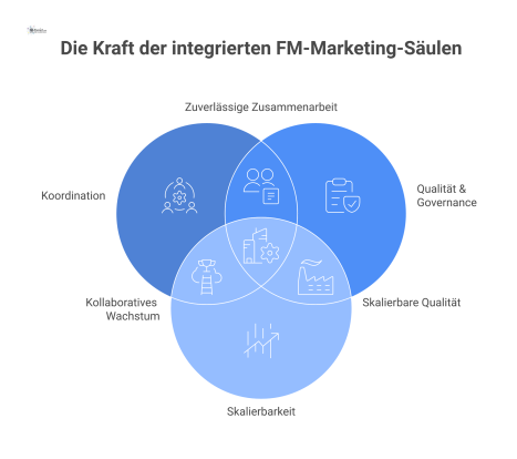 Infografik der drei Säulen einer digitalen Grundlage im FM-Marketing: Koordination, Qualität & Governance und Skalierbarkeit auf einem Fundament. 