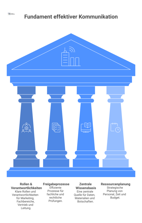 Säulendiagramm, das die vier Säulen für effektive Kommunikation im Facility Management als stabiles Fundament darstellt: Rollen, Freigaben, Wissensbasis und Ressourcenplanung.