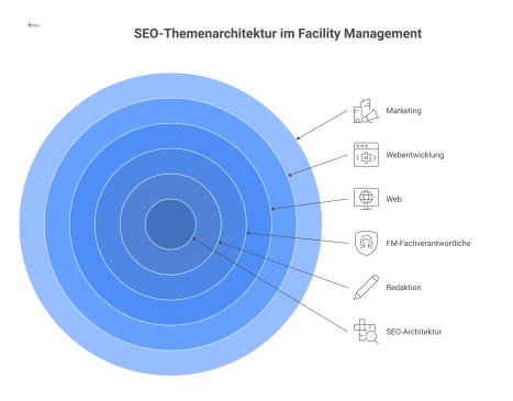 Diagramm der SEO-Themenarchitektur, das die Zusammenarbeit von fünf Verantwortungsbereichen wie Redaktion, Marketing und Webentwicklung mit ihren Aufgaben darstellt.