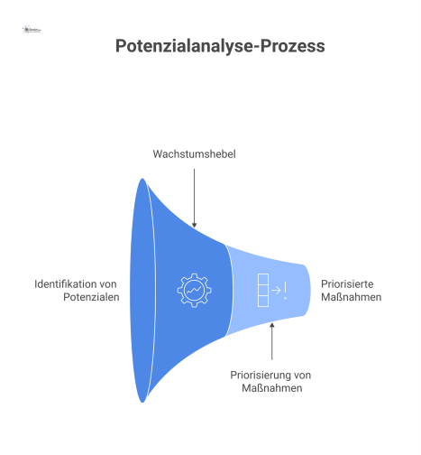 Infografik, die eine Potenzialanalyse in drei Schritten darstellt: Identifikation von Potenzialen, Visualisierung von Wachstumshebeln und Priorisierung der Maßnahmen.