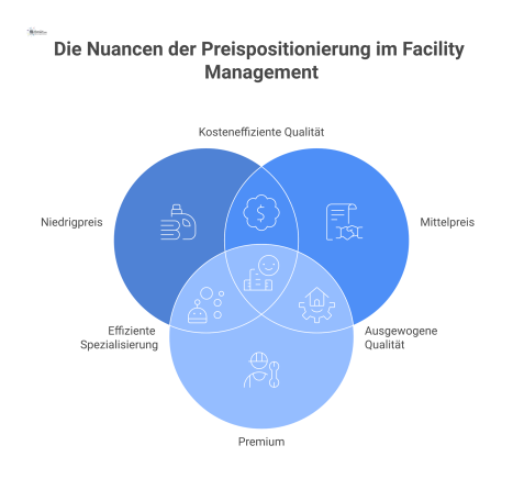 Infografik mit drei Säulen zur Preispositionierung im Facility Management: Niedrigpreis, Mittelpreis und Premium, mit einem Pfeil zum steigenden Begründungsbedarf.