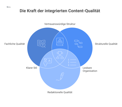 Infografik zeigt die drei Säulen der Content-Qualität: Fachliche, Strukturelle und Redaktionelle Qualität, die ineinandergreifen.