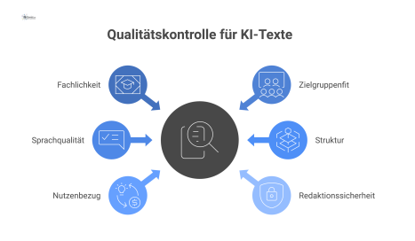 Ein kreisförmiges Hub-and-Spoke-Diagramm mit dem Begriff "Qualitätskontrolle für KI-Texte" im Zentrum und sechs abgehenden Linien zu Prüfdimensionen.