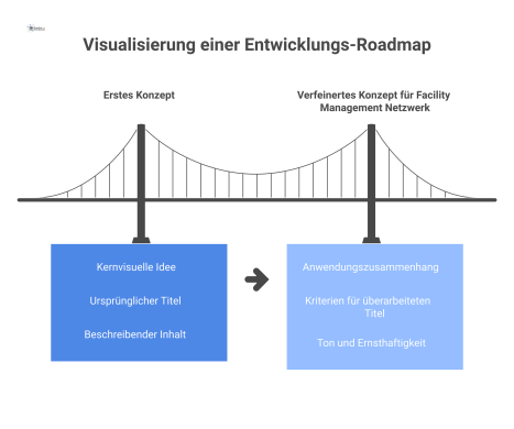 Eine Entwicklungs-Roadmap als Brücke, gestützt von fünf Säulen. Projekte liegen auf der Brücke und Risse symbolisieren Engpässe.