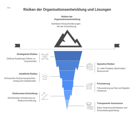 Infografik zu Risiken der Organisationsentwicklung, die drei Hauptkategorien und deren Lösungen als Gegenprinzipien mit Icons darstellt.