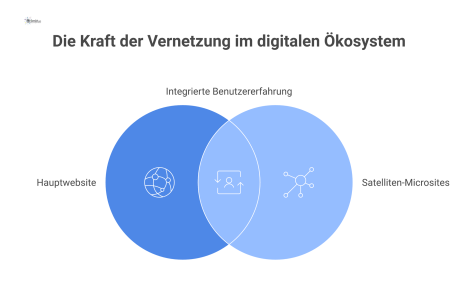 Ein Hub-and-Spoke-Diagramm, das ein digitales Ökosystem visualisiert. Die zentrale Hauptwebsite ist durch Linien mit den Satelliten Microsites, Wissensseiten, Shop, Kontakt und Fachwelten verbunden.
