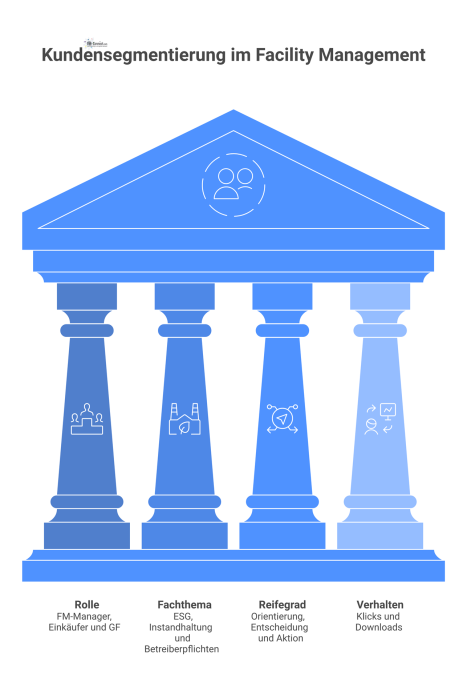Matrix-Diagramm zur Kundensegmentierung im Facility Management, das Kontakte nach Rolle, Fachthema, Reifegrad und Verhalten für personalisierte Kommunikation einteilt.