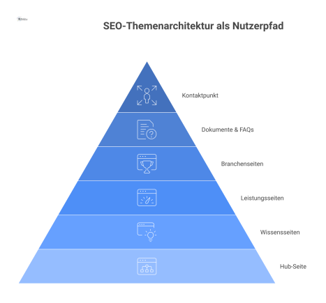 Ein Flussdiagramm zeigt den Nutzerpfad einer SEO-Themenarchitektur. Von einer zentralen Hub-Seite führen Pfade über Inhaltsseiten zu einem Kontaktpunkt.