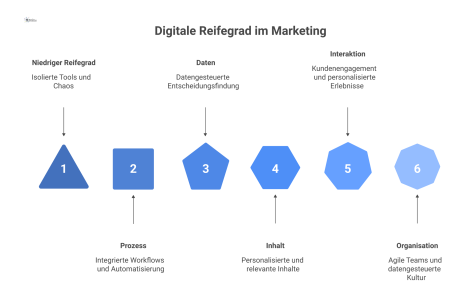 Infografik zeigt die Transformation von niedrigem zu hohem digitalen Reifegrad im Marketing entlang von sechs Dimensionen wie Prozess und Daten.