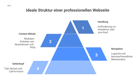 Hierarchisches Diagramm der idealen Webseitenstruktur, beginnend mit dem Seitenkopf, gefolgt von Navigation und funktionalen Content-Blöcken wie FAQs.