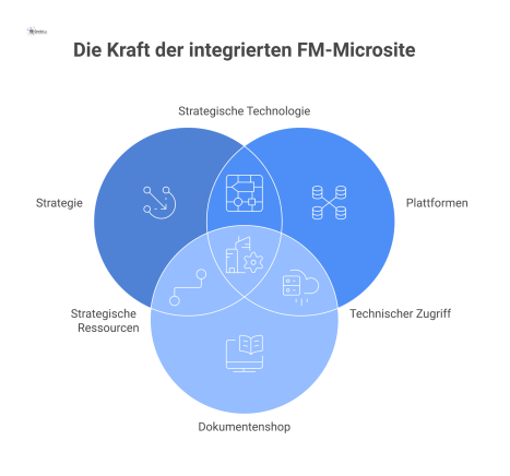 Diagramm einer FM-Microsite als System mit fünf Funktionsbausteinen, die durch Online-Marketing als verbindendes Element für die Nutzerführung verbunden sind.