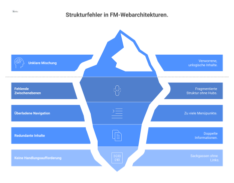Infografik, die fünf Strukturfehler in Webarchitekturen zeigt: unklare Inhalte, fehlende Ebenen, überladene Navigation, Redundanz und Sackgassen.