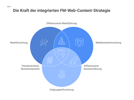 Diagramm der fünf vernetzten Forschungsdimensionen – Markt, Wettbewerb, Zielgruppe, Nachfrage, Entscheidung – die zu relevanten Inhalten für Beschaffungsanlässe führen.