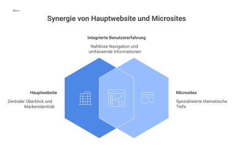 Hub-and-Spoke-Diagramm zeigt die Hauptwebsite als zentralen Hub und spezialisierte Microsites als Speichen mit gegenseitiger Verlinkung.
