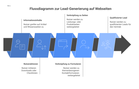 Flussdiagramm zeigt, wie Nutzer durch Artikel und Downloads von Informationssuchenden zu qualifizierten Leads für den Vertrieb umgewandelt werden.