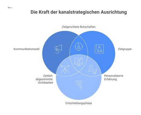 Matrix-Visualisierung der Kanalstrategie im Facility Management, welche die Achsen Kommunikationsziel, Zielgruppe und Entscheidungsphase zur Bestimmung optimaler Kanäle zeigt.