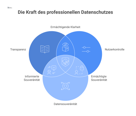 Infografik, die das Zielbild für professionellen Datenschutz darstellt, gestützt auf die drei Säulen Transparenz, Nutzerkontrolle und Datensouveränität.