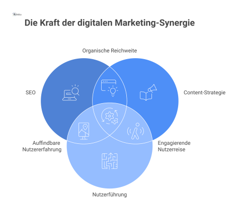 Drei Zahnräder für SEO, Content und Nutzerführung führen zu Sichtbarkeit und Interaktion, umgeben vom Kreislauf der kontinuierlichen Weiterentwicklung.